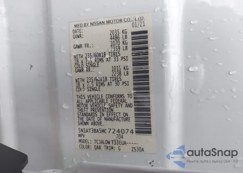 2021 Nissan Rogue Sv Fwd from USA, damaged, VIN 5N1AT3BA5MC724074